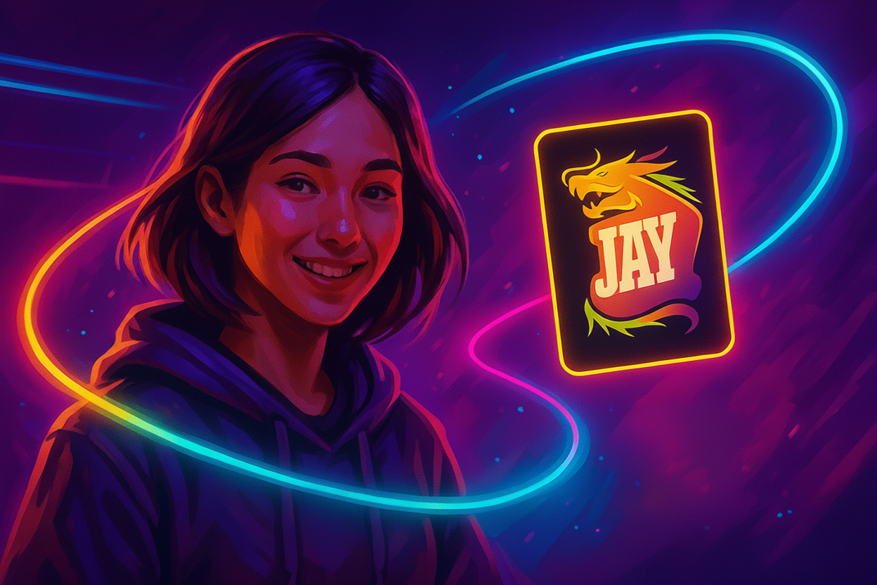 Eine junge Frau mit kurzem dunklem Haar lächelt in einem neonfarbenen, futuristischen Setting. Leuchtende Linien in Pink, Blau und Orange umgeben sie. Rechts neben ihr schwebt eine Spielkarte mit dem Jay-CS-Logo – einem stilisierten Drachenkopf über dem Schriftzug „JAY“. Der Hintergrund ist dynamisch in Violett- und Magentatönen gehalten.