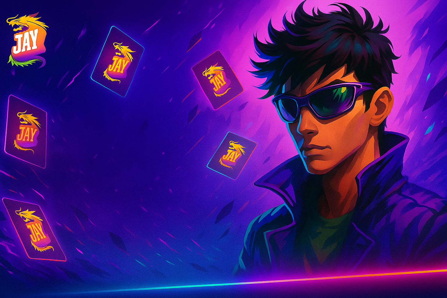 Stylischer junger Mann mit Sonnenbrille steht im Neonlicht, während TCG-Karten mit dem Jay-CS Logo um ihn herumfliegen – moderner Jay-CS Trading Card Game Look mit futurärem Vibe.